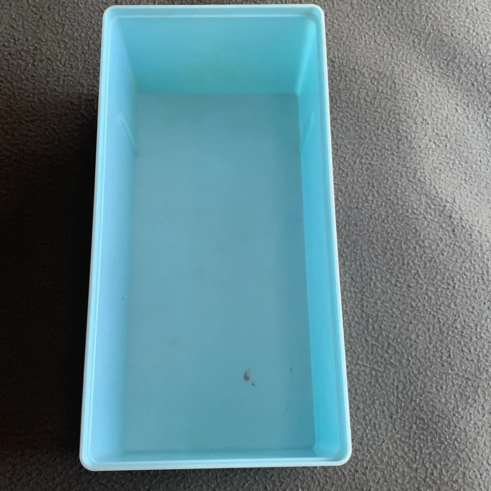Vintage Wil-hold blue plastic container with lid. Approx 10” x 5” x 3 3/4”